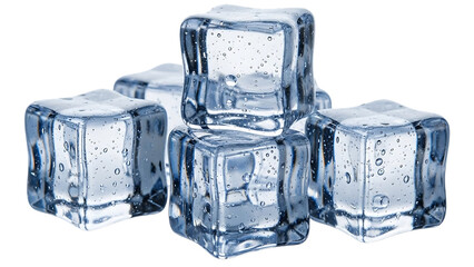 Obraz premium Stacked clear ice cubes with trapped air bubbles and water droplets, cutout, PNG isolated on transparent background