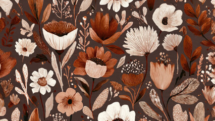This seamless floral pattern showcases stylized flowers and foliage in a warm, earthy palette of rust, cream, and brown, evoking a rustic aesthetic.