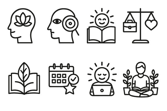 Holistic Study Icons. Holistic study practices themes linear icon set: mind-body harmony, sustained focus, positive routine, study–life balance, wellness-infused learning