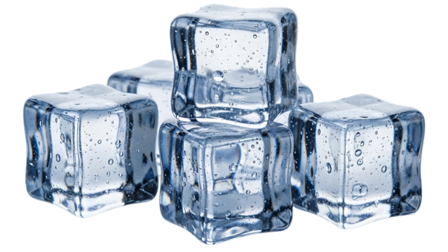 Stacked clear ice cubes with trapped air bubbles and water droplets, cutout, PNG isolated on transparent background