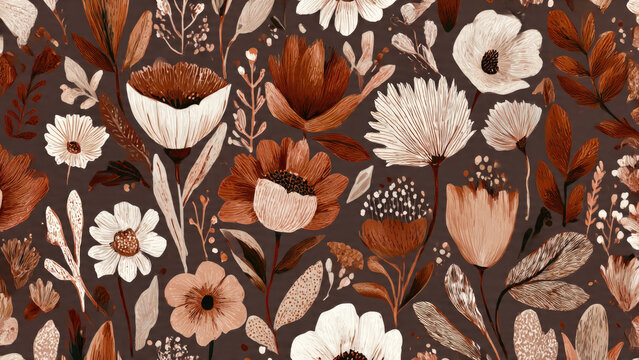This seamless floral pattern showcases stylized flowers and foliage in a warm, earthy palette of rust, cream, and brown, evoking a rustic aesthetic.