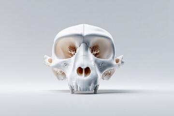 Macabre monkey skull with detailed bone anatomy. white primate skeleton isolated on background for biology study