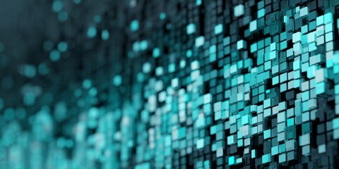 Digital data stream composed of glowing cyan squares flows across a dark background.