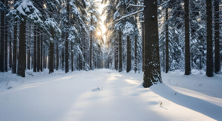 Sunlight streams through snow covered pine trees illuminating a winter forest path