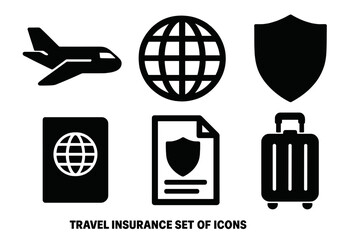 Travel Insurance Icons. Travel insurance silhouette icon set. airplane, globe, shield, passport, document, luggage.
