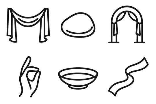 Symbolic Ceremony Icons. Ceremony linear icon set: soft drape, symbolic pebble, open arch, mindful gesture, offering plate, serene ribbon wave