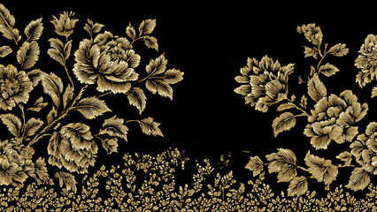 Elegant golden floral pattern on a transparent background, featuring intricate peonies and foliage with a luxurious, opulent, and detailed etched design.