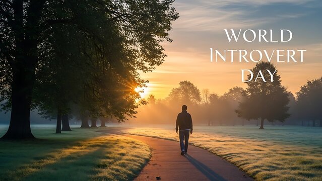 Introvert day celebration with person walking in nature during sunrise or sunset time in park scene - Powered by Adobe