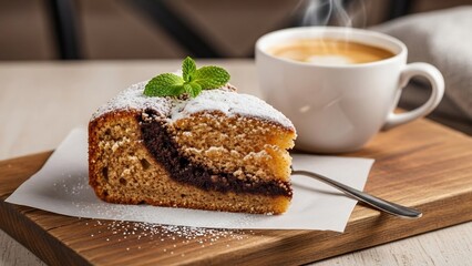 湯気が立つコーヒーとケーキ、ミントの葉が添えられた美味しいデザート、暖色系の照明で食欲をそそる、シンプルな構図。