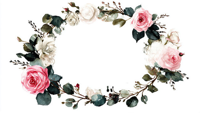 A beautiful watercolor floral wreath showcasing delicate pink and white roses intertwined with eucalyptus leaves and dark foliage, ideal for elegant designs.