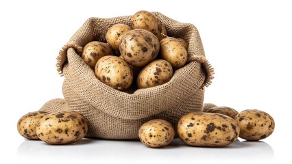麻袋いっぱいのジャガイモ、土付きの新鮮なじゃがいもが明るい照明で照らされ、収穫の秋を感じさせるシンプルな構図。