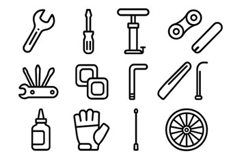 Obraz premium Cycling Tools Icons. Cycling Tools linear icon set: wrench, screwdriver, tire pump, chain link, multitool, patch kit, hex key, tire lever, oil bottle, glove, spoke, wheel
