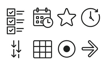 Iconic Task Management. Task Prioritization linear icon set: checklist tiers, time block icon, high-priority star, deadline clock, sequence arrows, workload grid, focus dot, action