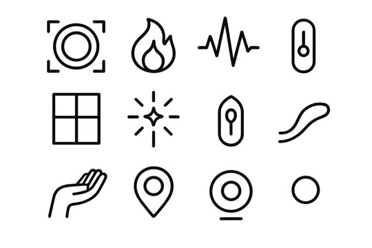 Motivational Icon Set. Drive & Engagement Icons linear icon set: focus lens, engagement flame, effort pulse, opportunity window, curiosity spark, activation switch, determination