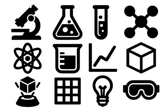 Bold Laboratory Icons. Scientific Laboratory silhouette icon set. microscope, lab flask, test tube, molecular model, atom, beaker, graph chart, 3D cube, hologram, data grid, light