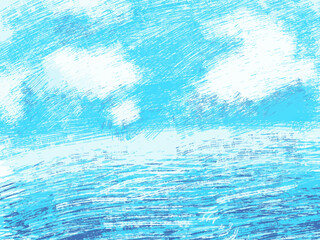 クレヨン風の空と海を描いた青い背景ベクター /Crayon Style Blue Sky and Sea Background Vector