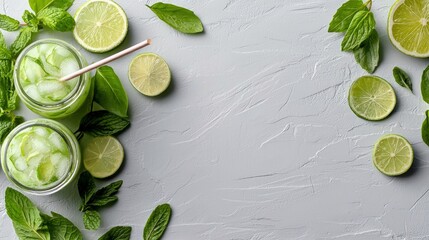Overhead shot of two refreshing drinks with lime slices, mint leaves, and ice cubes on a gray textured background.