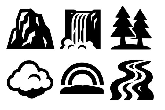 Brutalist Waterfall Icons. Mountain Waterfall silhouette icon set. rocky cliff, falling stream, pine trees, mist cloud, rainbow arc, flowing river.