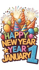 Fototapeta premium Festive Happy New Year celebration with colorful party hats and fireworks Illustration