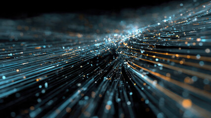 Abstract visualization of digital data flow and network connections with glowing blue and orange lines representing high-speed communication and technology.