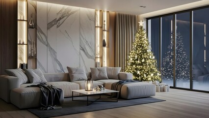 Experience the tranquil beauty of a modern living room, meticulously designed to evoke 'Silent Night' serenity for Christmas. This high-resolution architectural visualization showcases a minimalist ye