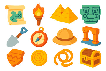 Ancient Treasures Icons. Ancient Exploration flat icon set: scroll map, torch, pyramid, artifact, shovel, compass, explorer hat, ruins arch, pottery shard, ancient coin, rope