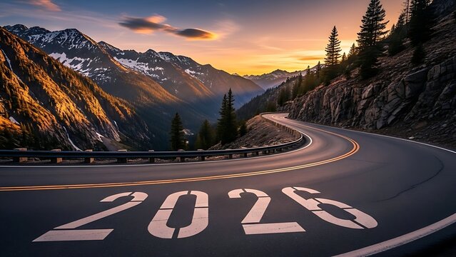 Winding Mountain Road with 2026 Painted on Asphalt at Sunset.