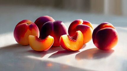 Close-up of a group of ripe peaches on a table, illuminated by sunlight. One peach is sliced, revealing the juicy interior.