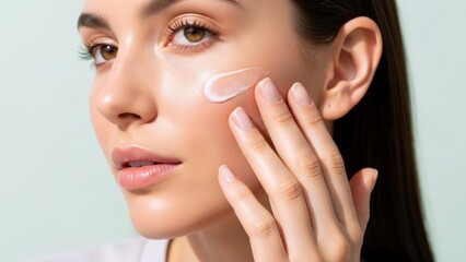 Young woman embraces self-care routine, gently applying luxurious cream to her beautiful face for glowing, healthy, radiant skin