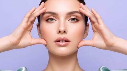 Radiant woman's hands gently lift her glowing skin, showcasing a youthful, fresh complexion and effective beauty treatment on a serene lavender background