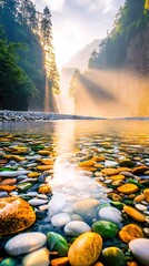 A scenic view of a river flowing through a canyon. Sunlight streams through the trees, creating beautiful reflections on the water and the colorful stones.