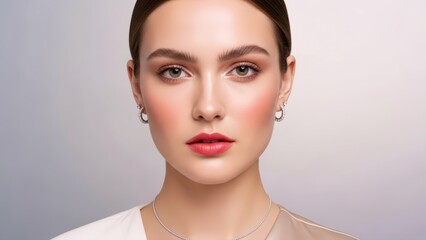 Professional beauty portrait highlights a stunning young woman's radiant complexion, expertly applied makeup, and refined jewelry, perfect for modern cosmetic and skincare promotions