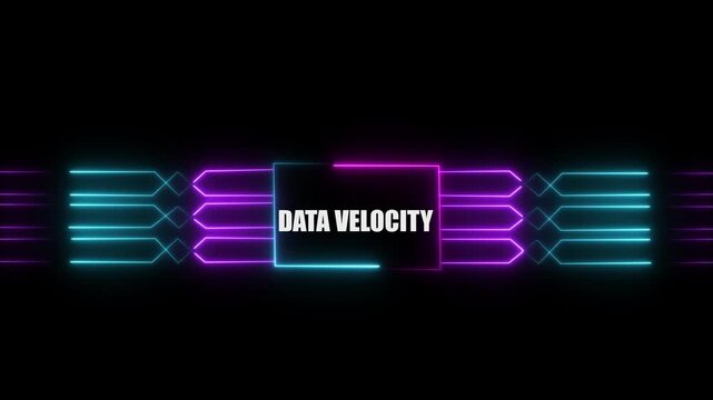 Networking chip icon futuristic neon circuit board DATA VELOCITY animated. on black background. Motion graphic of digital logo with futuristic technology.4k video black background animated...