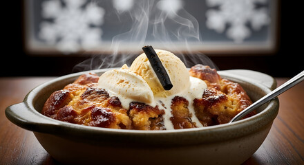 Warm bread pudding dessert with vanilla ice cream and cinnamon stick garnish close up