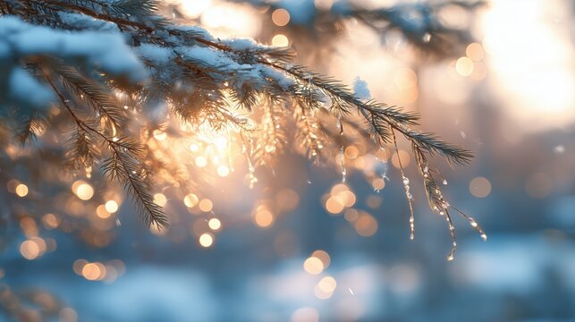 Winter sunlight illuminates icy pine branches in a snowy landscape during golden hour - Powered by Adobe