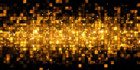 Brilliant golden squares form an abstract digital explosion across a dark background