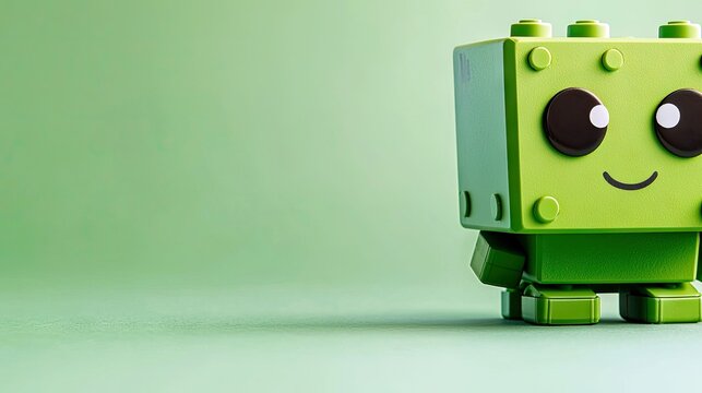 A cheerful green robot character with big eyes and a smile stands against a soft green background in a studio setting.