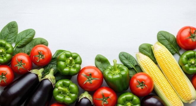 Fresh vegetables on a white wooden table. - Powered by Adobe