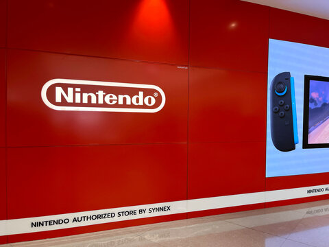 Nintendo logo sign of Nintendo Authorized store by Synnex in Siam Paragon shopping mall , first famous Nintendo store in Thailand full of games, character dolls, game accessories , Nintendo Switch 2