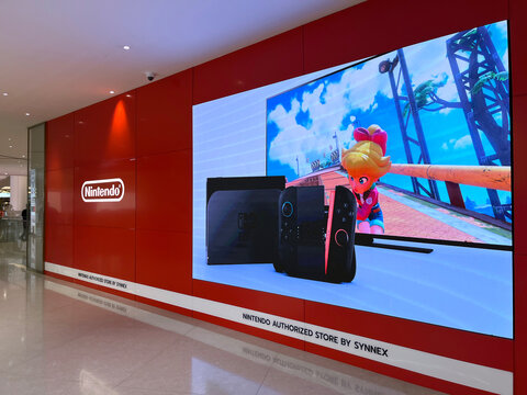 Nintendo logo sign of Nintendo Authorized store by Synnex in Siam Paragon shopping mall , first famous Nintendo store in Thailand full of games, character dolls, game accessories , Nintendo Switch 2