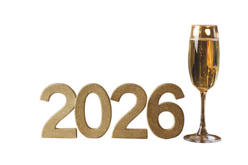 Sparkling Celebration: Golden 2026 Numerals Paired with a Glass of Effervescent Champagne Against a Crisp White Backdrop