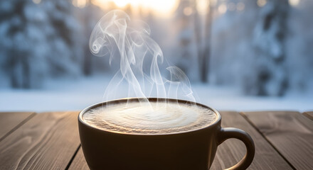 Warm coffee cup steaming on wooden table with snowy winter forest background at sunrise