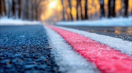 Close-up of a road with a red and white painted line, covered in ice and snow, leading towards a blurred background of trees and sunlight, creating a wintery at