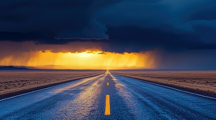 A long road stretches into the distance, illuminated by a vibrant sunset under a dark, stormy sky. The scene evokes a sense of journey and dramatic weather.