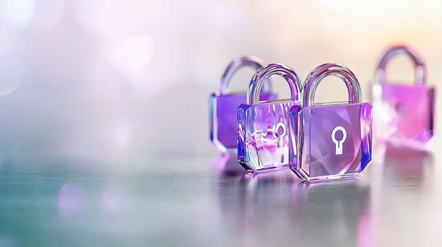 Close-up of several crystal padlocks on a reflective surface, with a soft bokeh background and a focus on security and protection.