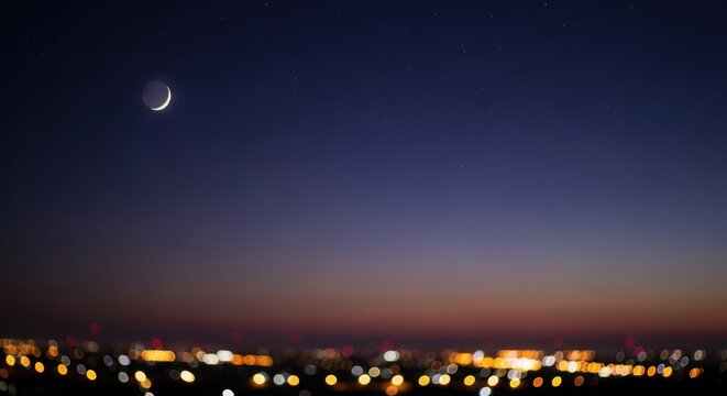 A crescent moon and stars in the night sky over a cityscape with illuminated buildings. - Powered by Adobe