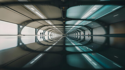 A blurred background of a futuristic spaceport terminal with bright lights and silhouettes