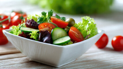 A fresh, colorful garden salad featuring crisp lettuce, ripe tomatoes, cool cucumbers, and green olives in a white bowl. Healthy and vibrant.