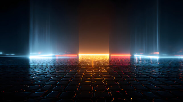 3d technology abstract neon light background, empty space scene, spotlight, dark night, virtual reality, cyber futuristic sci-fi background, street floor studio for mock up. colored geometric.
