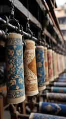 Close-up of rolled carpets hanging in a workshop, showcasing intricate patterns and textures. The image has a shallow depth of field, emphasizing the details of